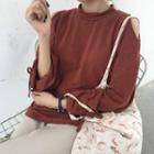 Plain Off-shoulder Long-sleeve Loose-fit Top