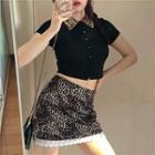Leopard Cropped Knit Cardigan / Leopard A-line Skirt