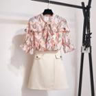 Set: Elbow-sleeve Leaf Print Top + Skirt