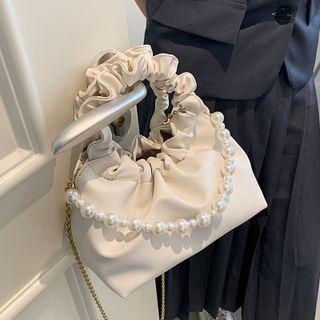 Shirred Strap Faux Pearl Strap Crossbody Bag