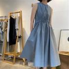 Plain Sleeveless Midi A-line Dress Blue - One Size