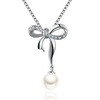 925 Silver Diamond Paved Bow Pendant Dangling With Pearl (0.03cttw) (free 925 Silver Box Chain, 16)