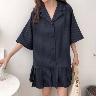 Pinstriped Elbow-sleeve Pleated Shirt Dress