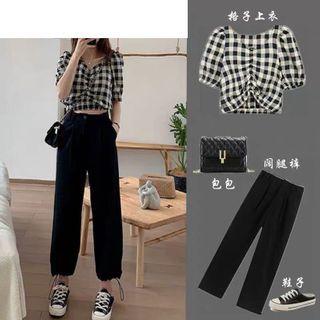 Set: Gingham Elbow-sleeve Cropped Blouse + Wide-leg Pants