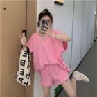 Short-sleeve Lace Up T-shirt Pink - One Size