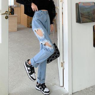 Heart Cutout Frill Trim Loose Fit Jeans
