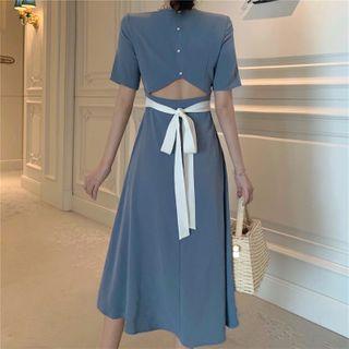 Open-back Short-sleeve Midi A-line Dress