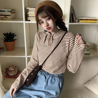 Striped Mock-neck Long-sleeve T-shirt