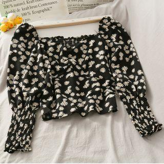 Daisy-print Long-sleeve Crop Top Black - One Size