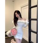 Off-shoulder Furry-trim Knit Mini Dress Milk White - One Size