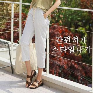 Drawstring-waist Linen Blend Stripe Pants
