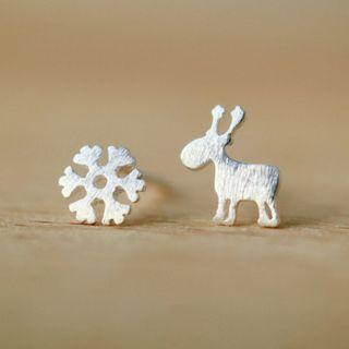 Non-matching 925 Sterling Silver Deer & Snowflake Earring 1 Pair - Earrings - Snowrflake Elk - One Size