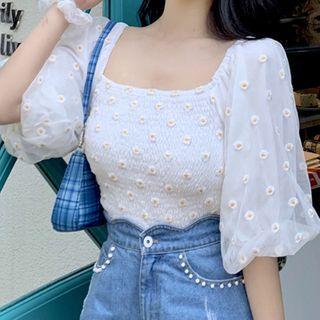 Puff-sleeve Floral Shirred Chiffon Top