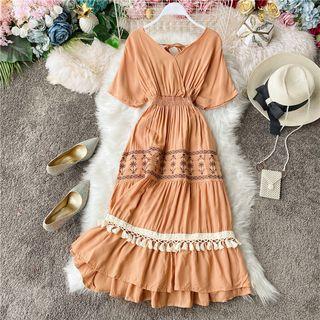 Short-sleeve Tasseled Midi A-line Dress
