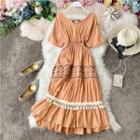 Short-sleeve Tasseled Midi A-line Dress