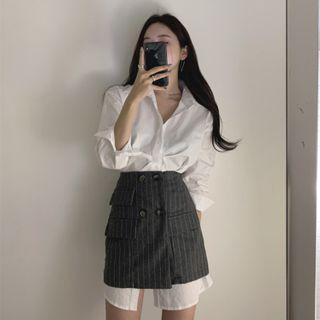 Shirtdress / Double-breasted Pinstriped A-line Skirt