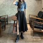 Puff-sleeve Denim Crop Top / Buckled A-line Midi Skirt