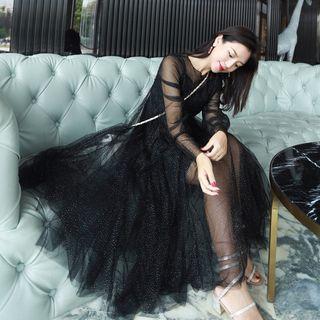 Set: Long-sleeve Mesh Midi Dress + Slipdress