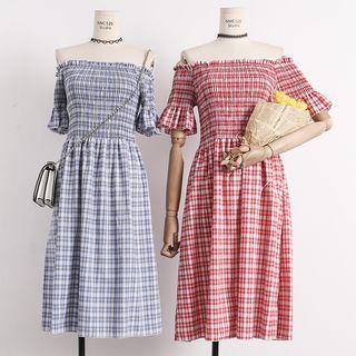Boatneck Plaid A-line Dress