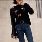 Flower Embroidered Sweater Black - One Size