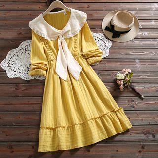 Ruffle Trim Collared Long-sleeve A-line Dress