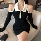 Long-sleeve Two-tone Slim-fit Knit Dress