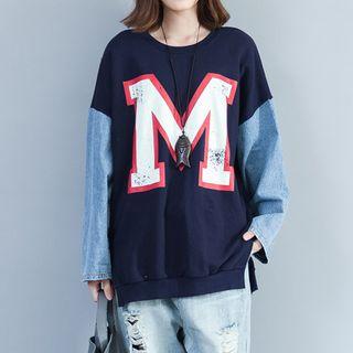 Denim Panel Lettering Pullover Navy Blue - One Size