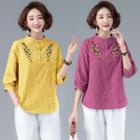 Embroidered Stand-collar 3/4-sleeve Shirt