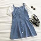 Single-breasted Square-neck Panel Mesh Puff-sleeve Denim Dress