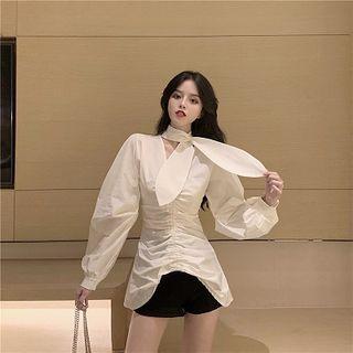 Irregular Ruched Long-sleeve Slim-fit Blouse As Figure - One Size