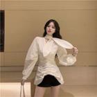 Irregular Ruched Long-sleeve Slim-fit Blouse As Figure - One Size