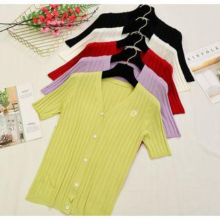 V Collar Silk Knit Floral Embroider Short-sleeved Top