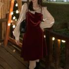 Mock Two-piece Puff-sleeve Velvet A-line Dress
