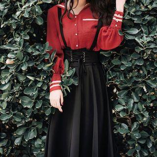 Set: V-neck Shirt + Suspender Midi Skirt