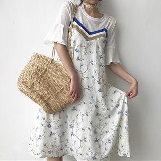 Floral Print Spaghetti Strap Midi Dress / Sheer Elbow Sleeve Top