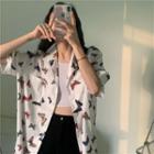 Elbow-sleeve Butterfly Print Shirt White - One Size