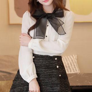 Contrast-collar Tie-neck Blouse
