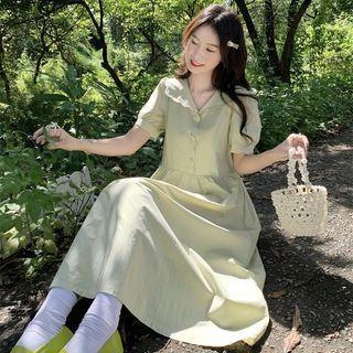 Puff-sleeve Peter Pan Collar Plain Dress