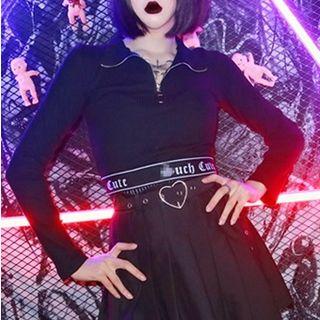 Long-sleeve Zip Placket Top Black - One Size