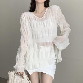 Long-sleeve V-neck Shirred Blouse