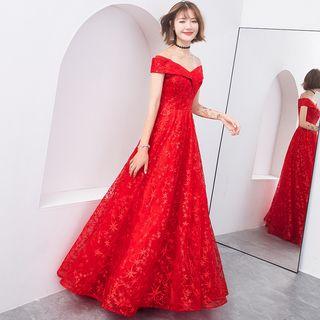 Off-shoulder V-neck A-line Evening Gown