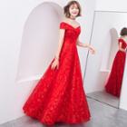Off-shoulder V-neck A-line Evening Gown