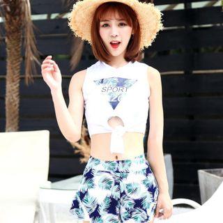 Set: Leaf Print Bikini Top + Swim Skirt + Sleeveless Cropped Top