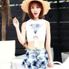 Set: Leaf Print Bikini Top + Swim Skirt + Sleeveless Cropped Top