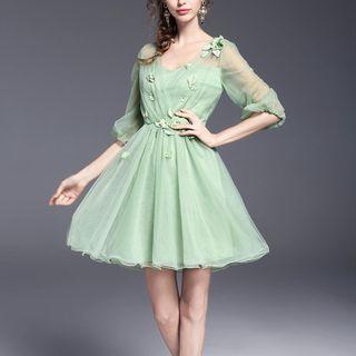 Gathered-waist Chiffon A-line V-neck Plain Slim Mesh Sheath Dress