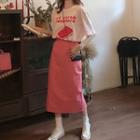 Short-sleeve Print T-shirt / Straight Fit Midi Skirt