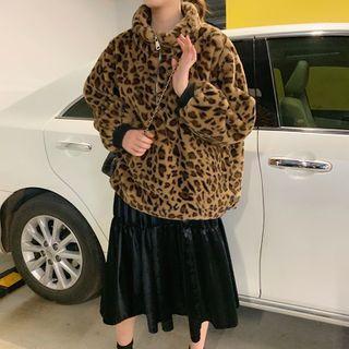 Stand Collar Leopard Print Fluffy Sweatshirt Leopard - Black & Coffee - One Size