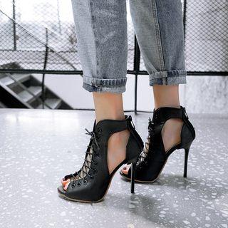 Faux Leather Peep Toe Cutout High Heel Ankle Boots