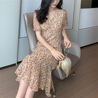 Short Sleeve V-neck Floral Print Chiffon Mermaid Dress