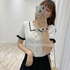 Polo Collar Pearl Button Short-sleeved Knit Top